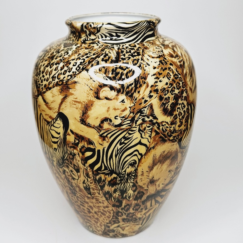 La Vie Animal Safari 10.5" Vase Browns Black Lion Zebra‎ Giraffee Cheetah Glossy